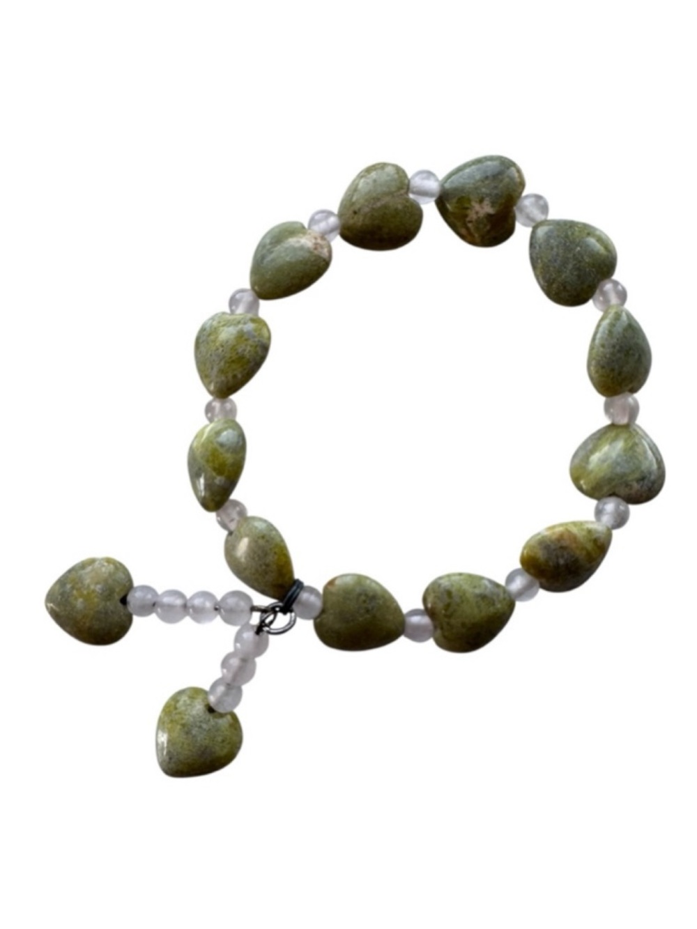 Vintage Natural Genuine Green Pink Jadeite Jade Heart Bead Charm Bracelet